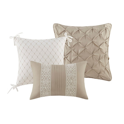 Lacey 7 Piece Lace Trim Comforter Set with Throw Pillows - Taupe