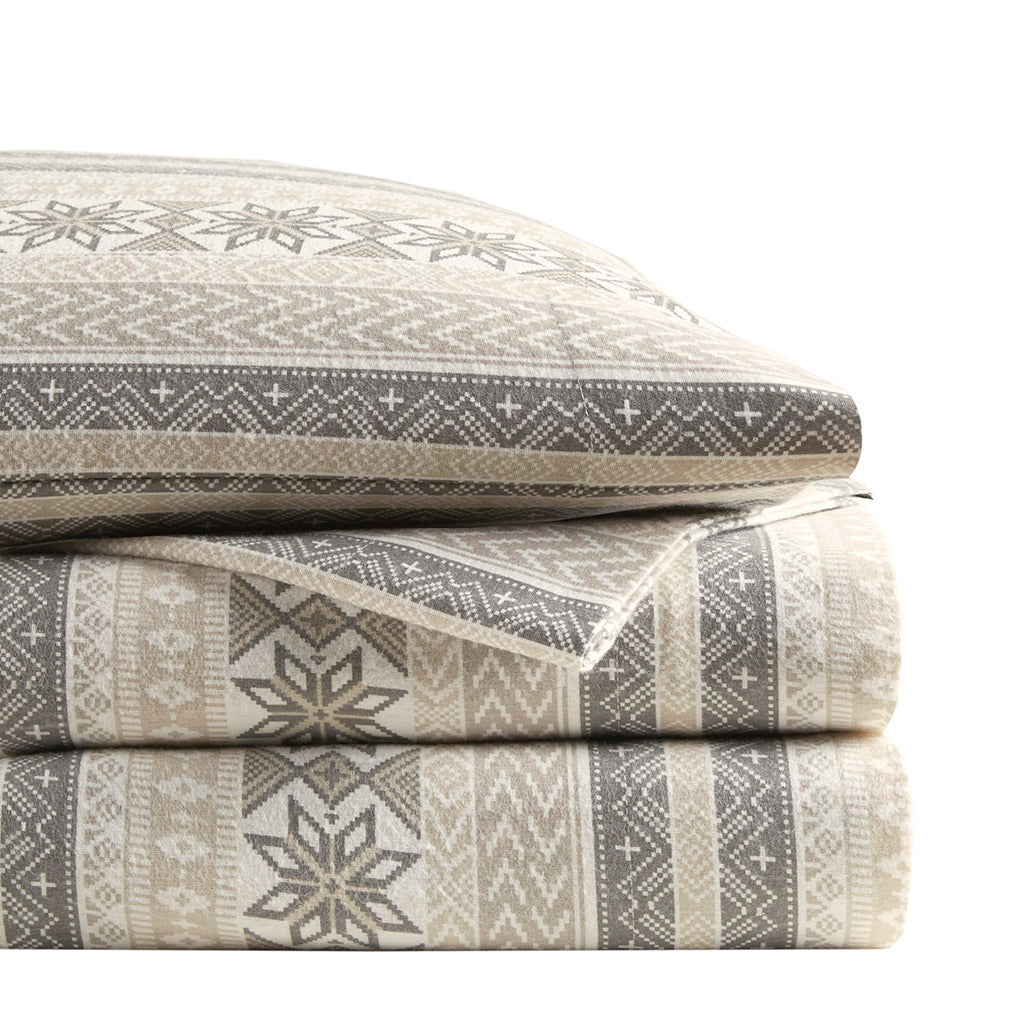 Cozy Cotton Flannel Printed Sheet Set - Gray/Taupe Nordic