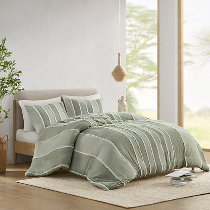 Shay 3 Piece Striped Cotton Duvet Cover Set - Sage