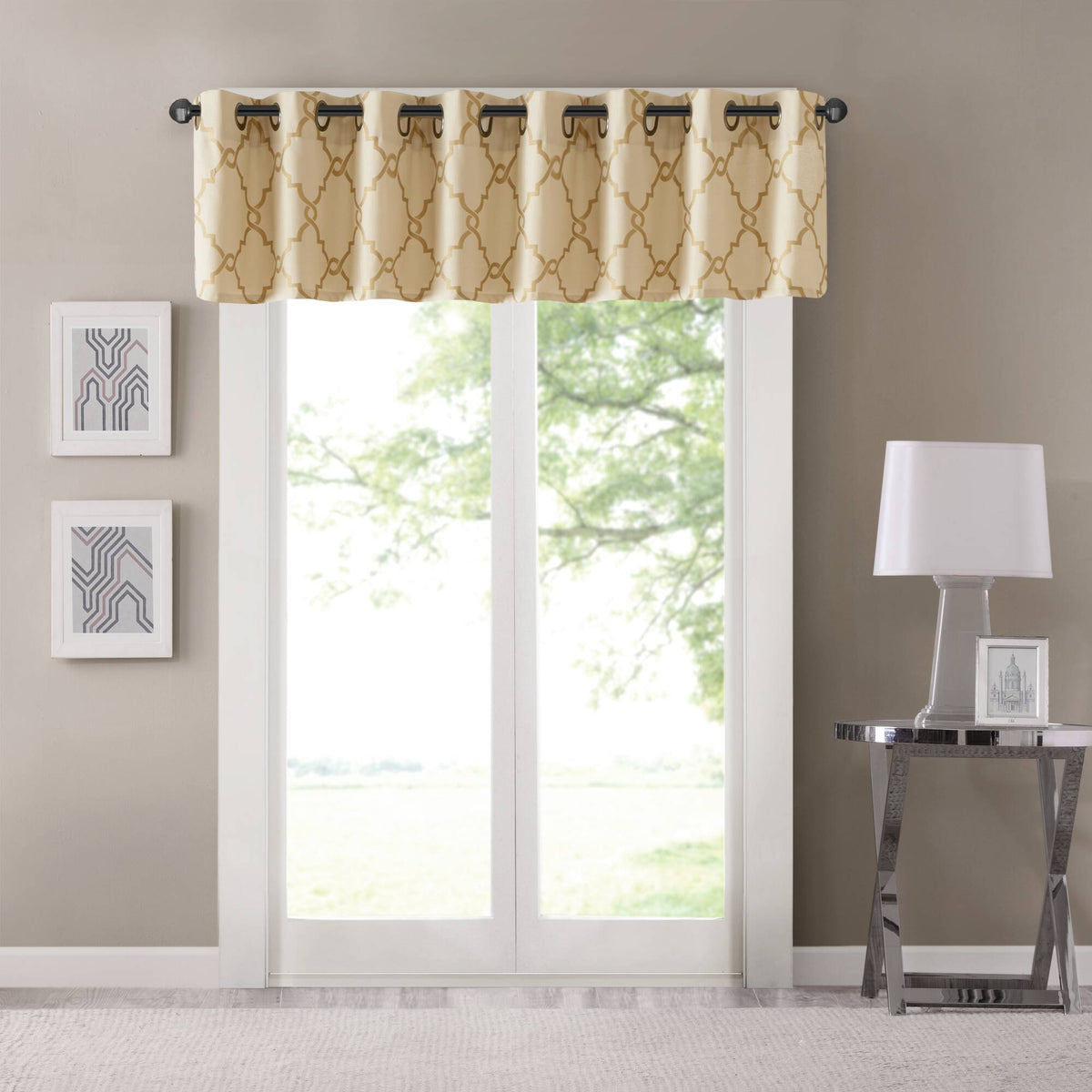 Saratoga Fretwork Print Grommet Top Window Valance - Beige/Gold