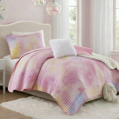 Cassiopeia Watercolor Tie Dye Printed Quilt Set with Throw Pillow - Pink