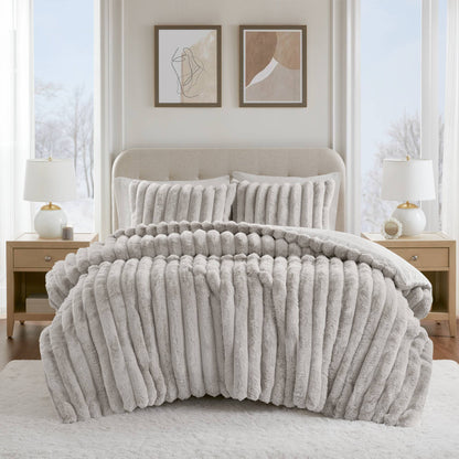 Jasmine 3 Piece Faux Fur Comforter Set - Light Gray