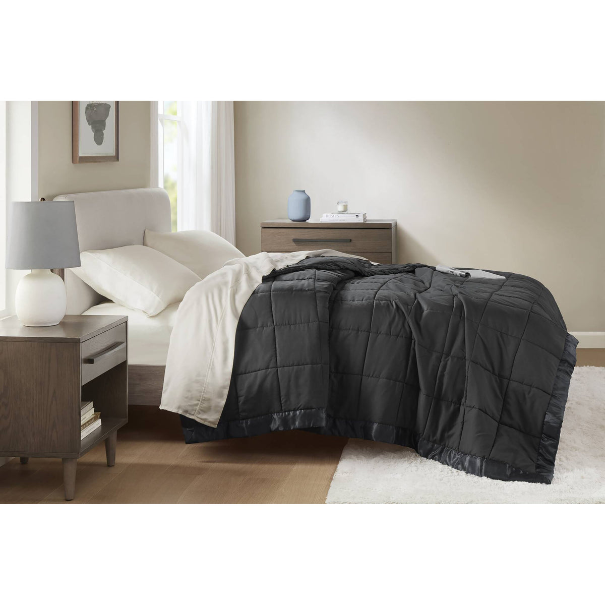 Windom Lightweight Down Alternative Blanket with Satin Trim - Black