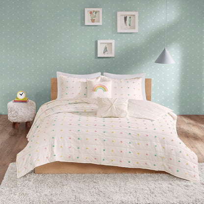 Callie Pom Pom Cotton Jacquard Quilt Set with Throw Pillows - Multi