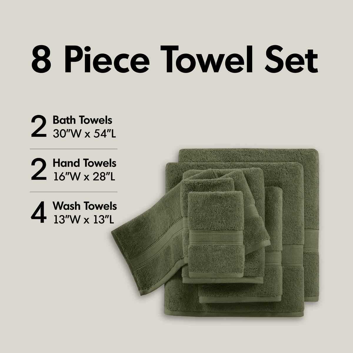800GSM 100% Cotton 8 Piece Towel Set - Olive Green
