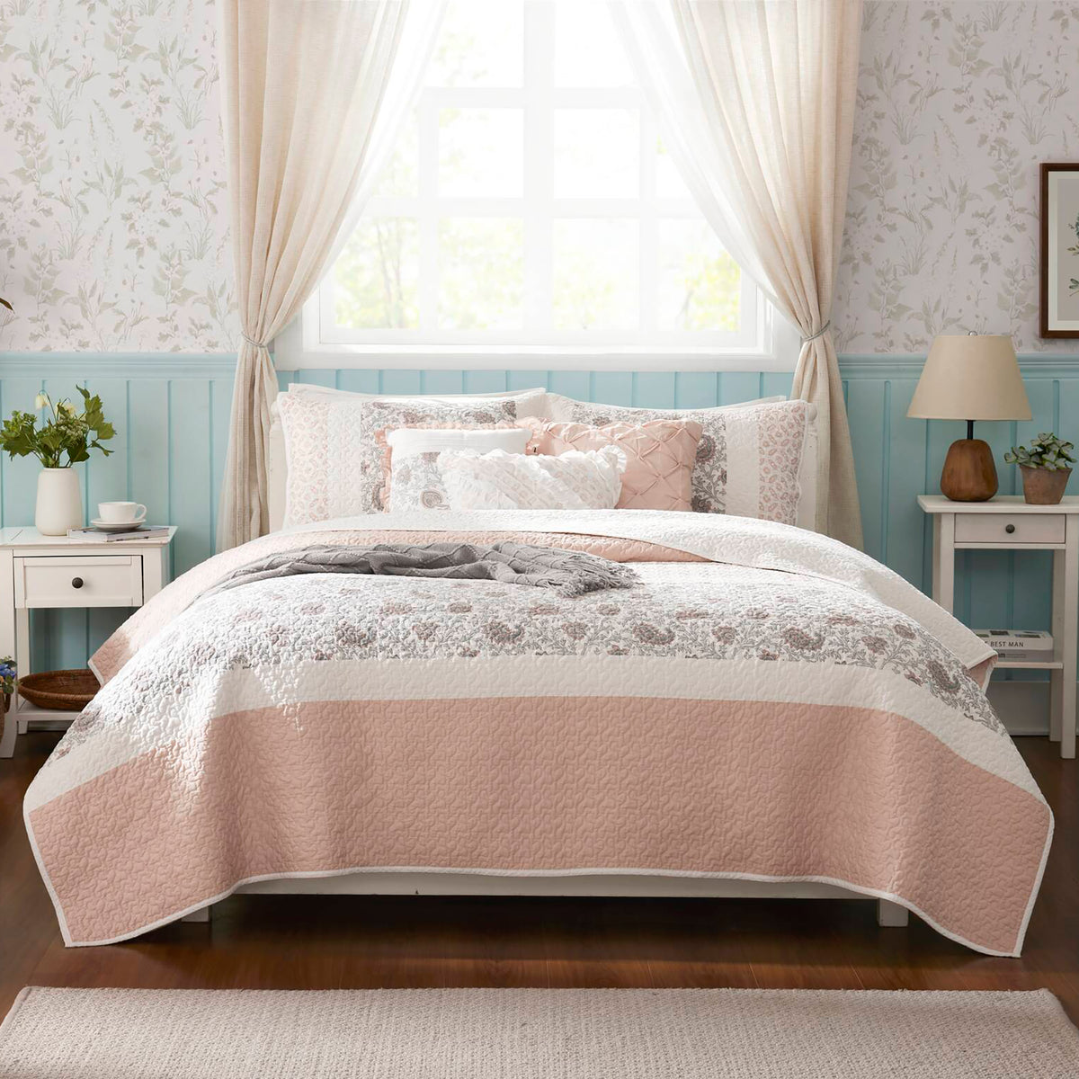 Dawn 6 Piece Cotton Percale Quilt Set with Throw Pillows - Blush