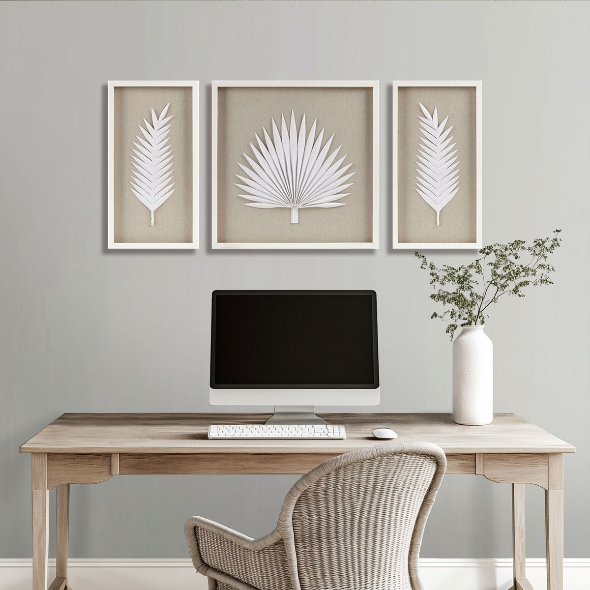 Sabal Framed Rice Paper Palm Leaves 3-piece Shadowbox Wall Decor Set - Off-White