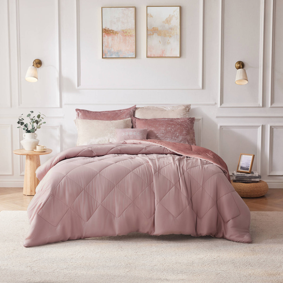 Felicia Velvet Comforter Set with Throw Pillow - Blush