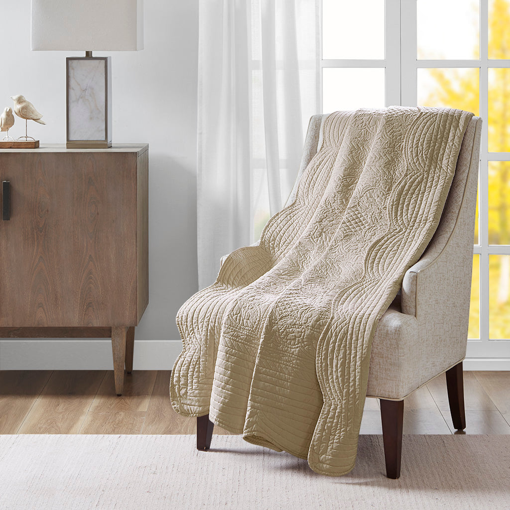 Tuscany Oversized Quilted Throw with Scalloped Edges - Khaki