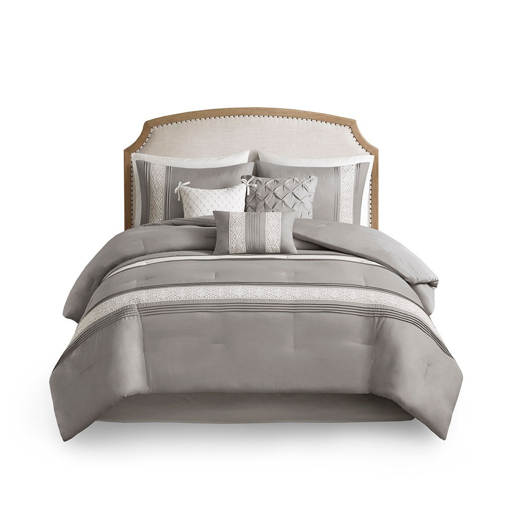 Lacey 7 Piece Lace Trim Comforter Set with Throw Pillows - Grey