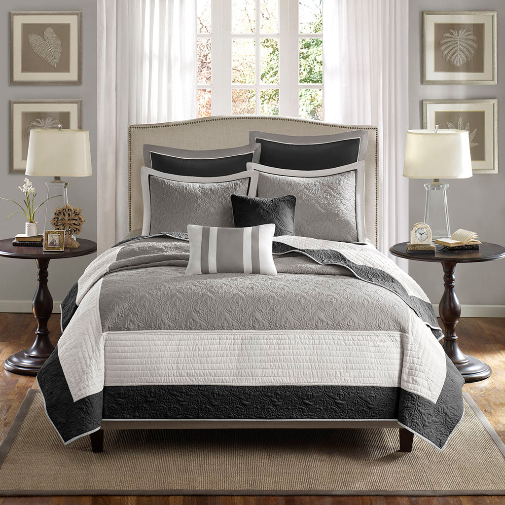 Attingham 7 Piece Quilt Set with Euro Shams and Throw Pillows - Black