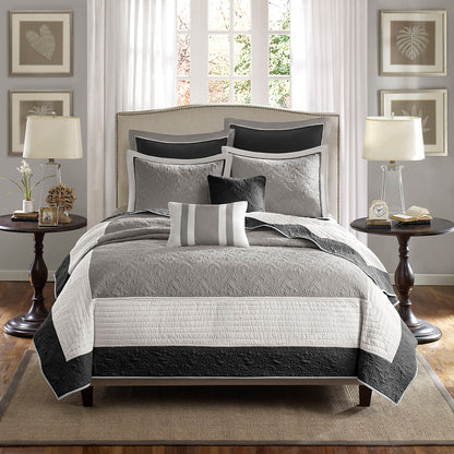 Attingham 7 Piece Quilt Set with Euro Shams and Throw Pillows - Black