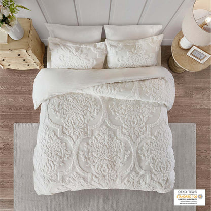 Viola 3 Piece Tufted Cotton Chenille Damask Duvet Cover Set - Off-White