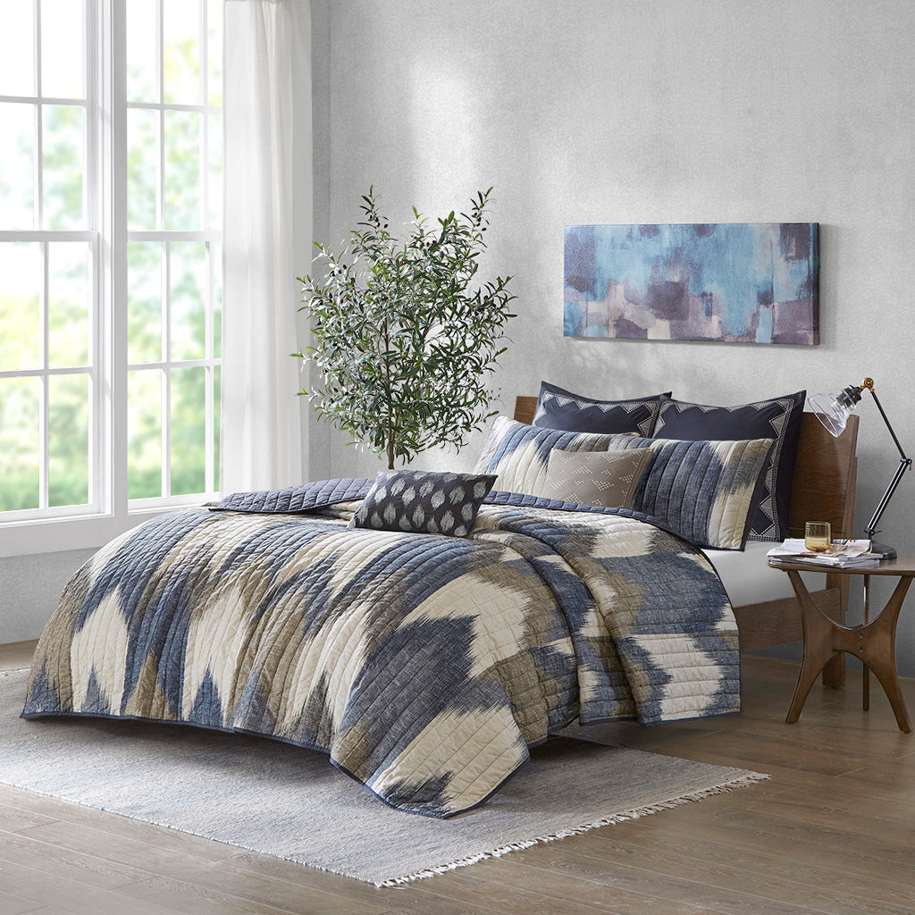 Alpine 3 Piece Printed Cotton Quilt Set - Navy