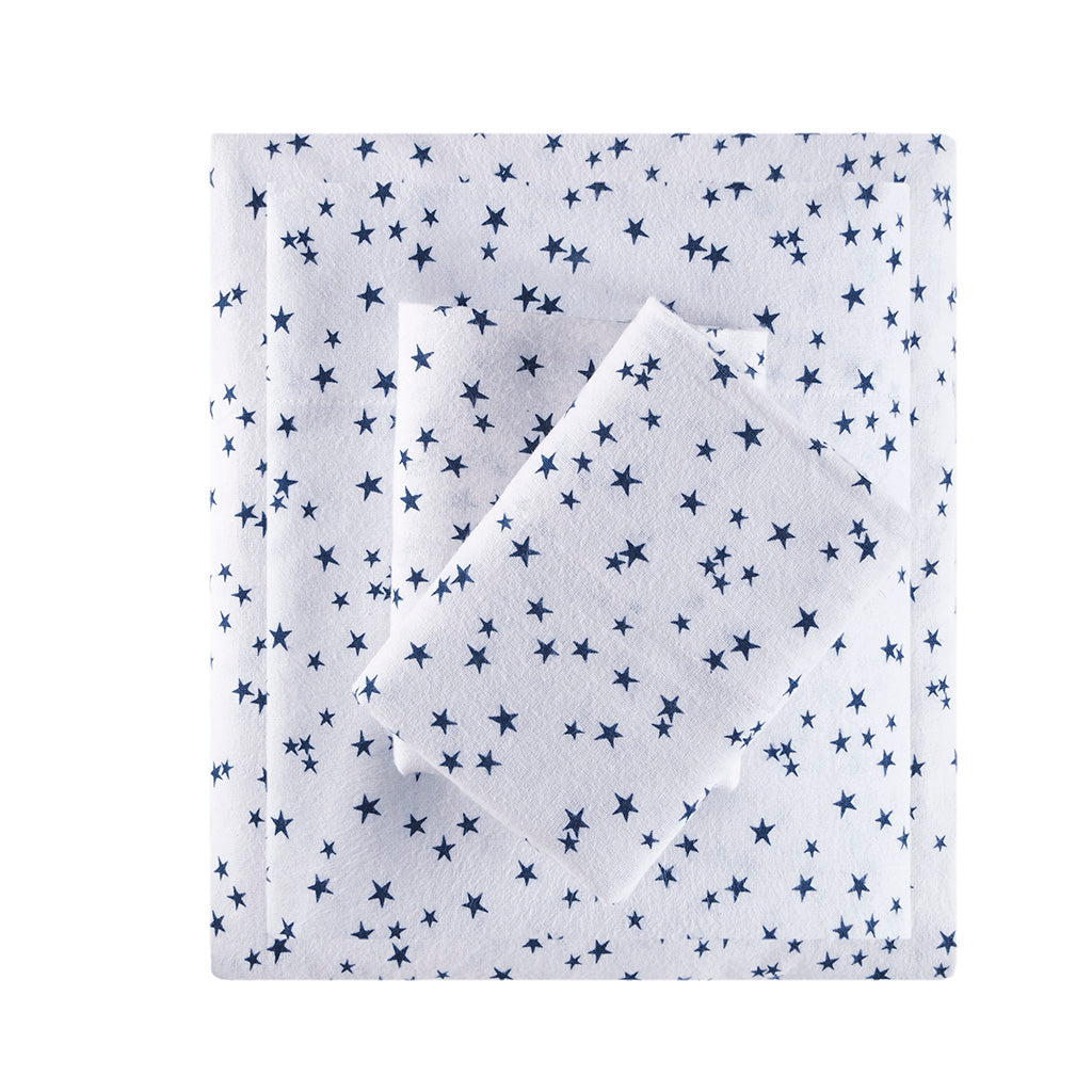 Cozy Soft Cotton Flannel Printed Sheet Set - Blue Stars