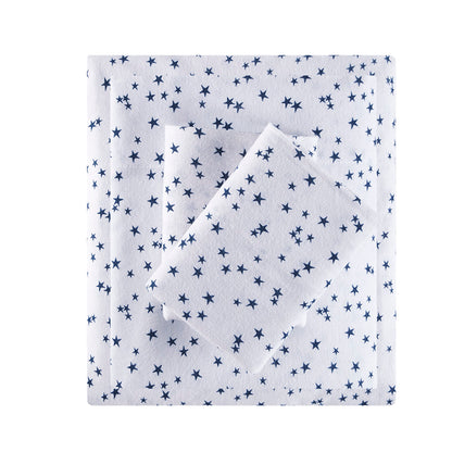 Cozy Soft Cotton Flannel Printed Sheet Set - Blue Stars