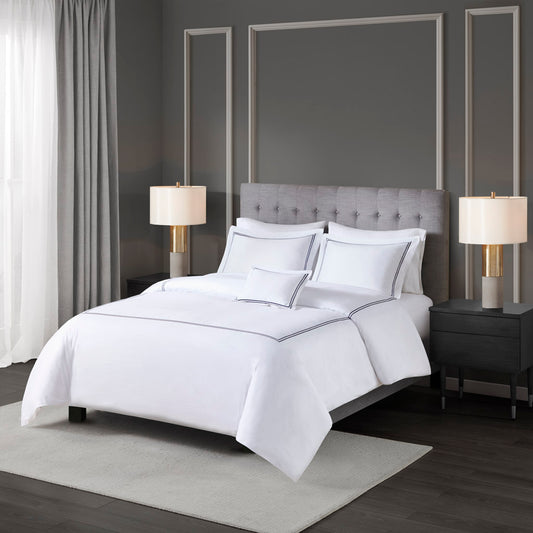 500 Thread Count Luxury Collection 100% Cotton Sateen Embroidered Duvet Cover Set - White/Navy