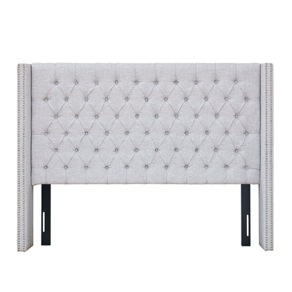 Amelia Upholstered Wingback Headboard with Button Tufting & Nailhead Trim - Grey