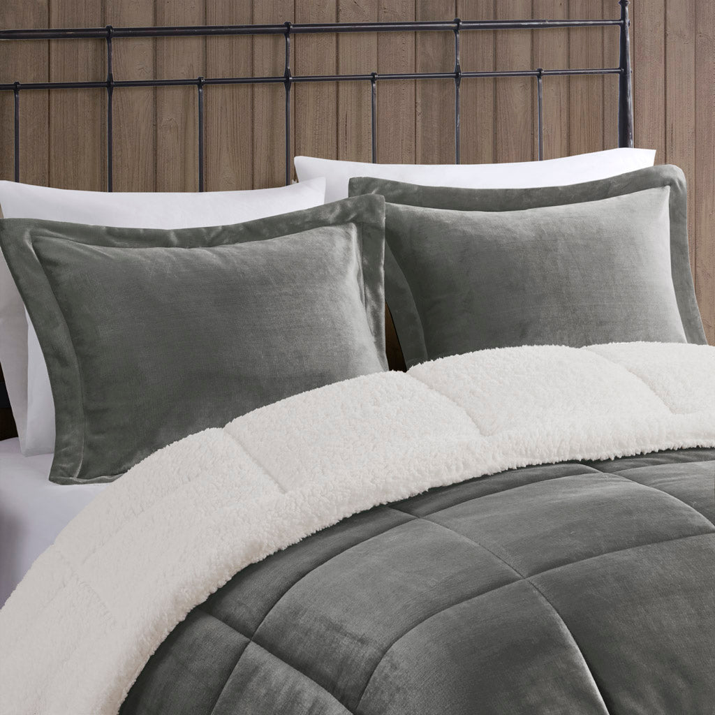 Alton Plush to Sherpa Down Alternative Comforter Set - Charcoal/Ivory