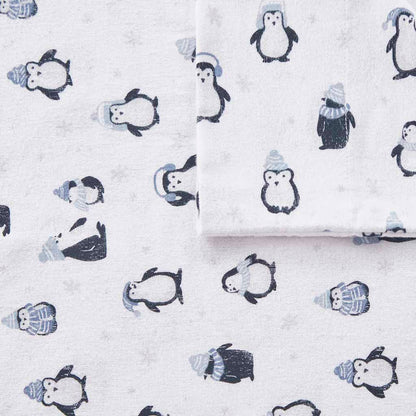 Cozy Soft Cotton Flannel Printed Sheet Set - Blue Penguins