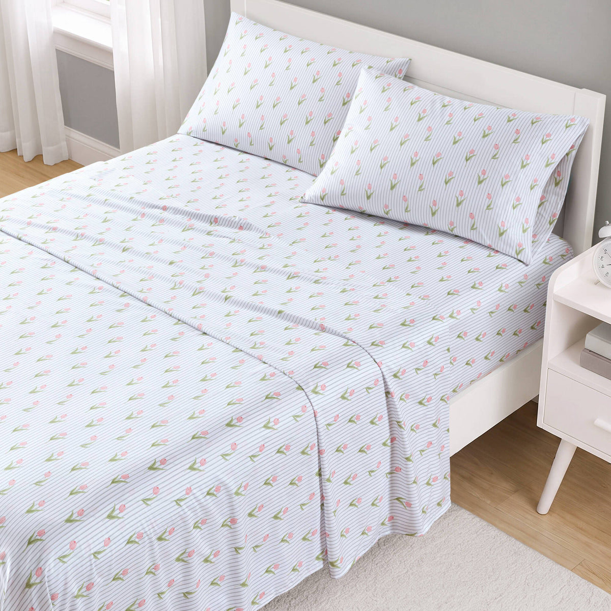 Printed Microfiber Sheet Set - Tulips Stripe