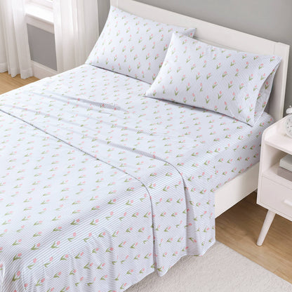 Printed Microfiber Sheet Set - Tulips Stripe