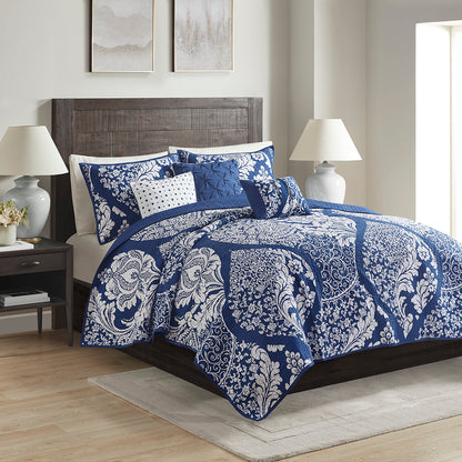 Vienna 6 Piece Printed Cotton Quilt Set with Throw Pillows - Indigo
