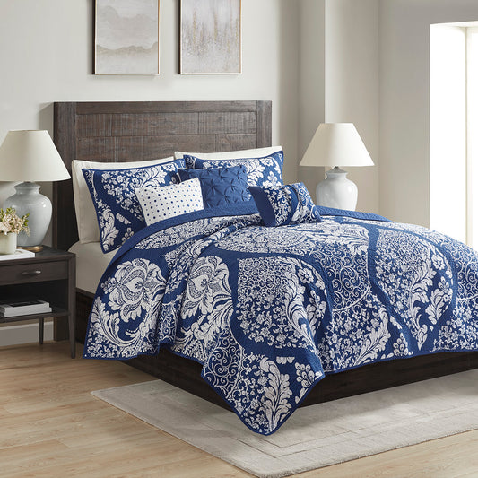 Vienna 6 Piece Printed Cotton Quilt Set with Throw Pillows - Indigo