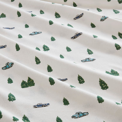 Cotton Flannel Sheet Set - Green Trees & Trucks