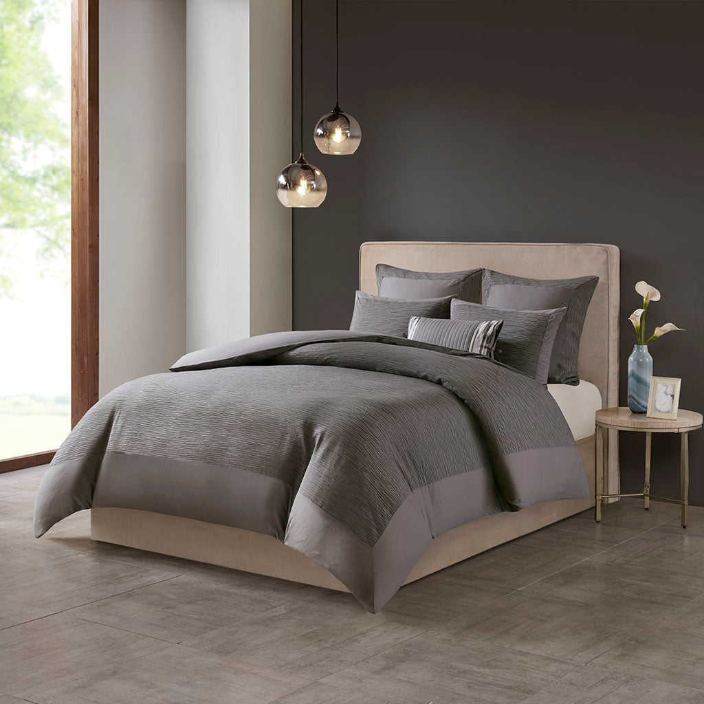 Hanae Cotton Blend Yarn Dyed 3 Piece Duvet Cover Set - Grey