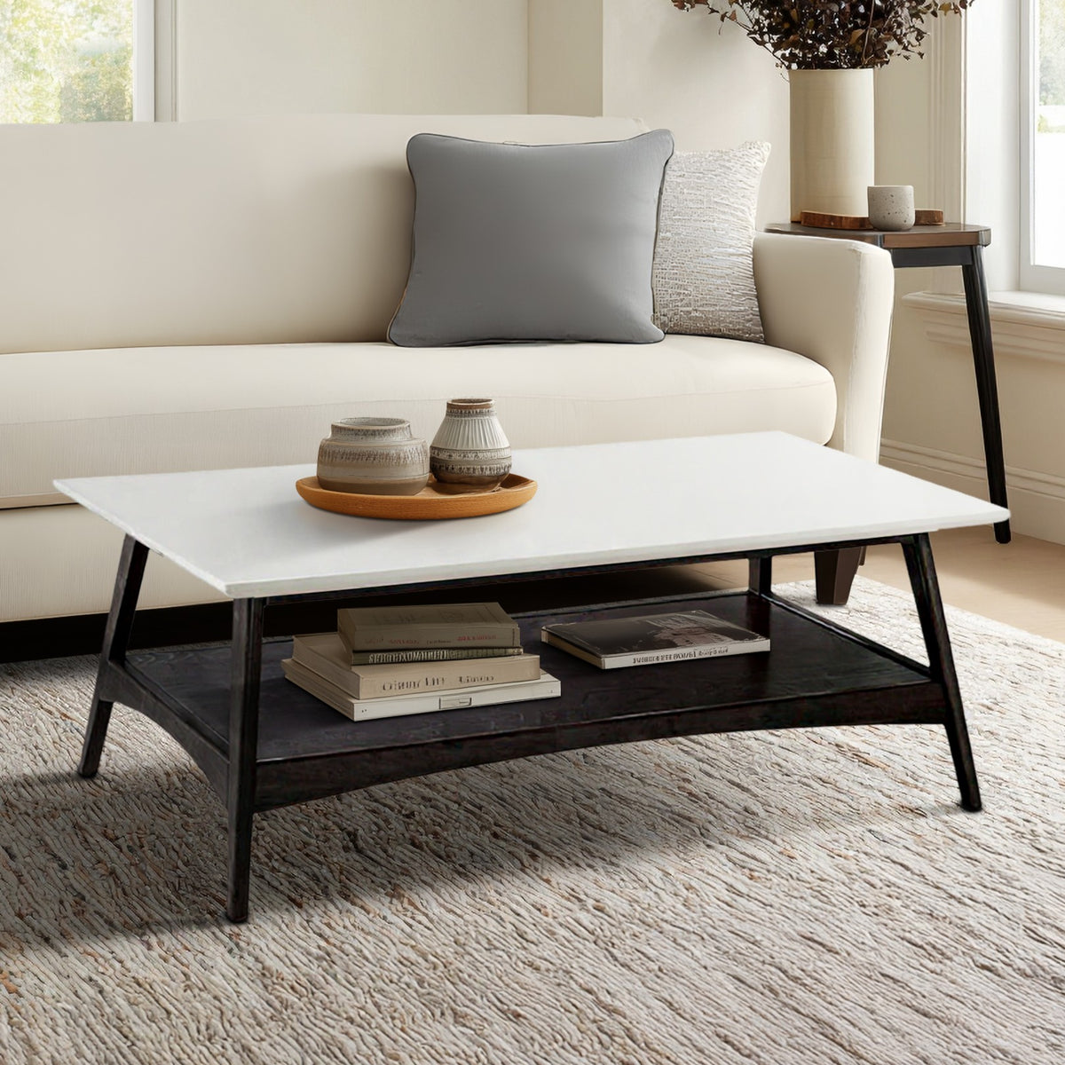 Parker Mid-century Coffee Table with Storage Shelf - Off-White/Black