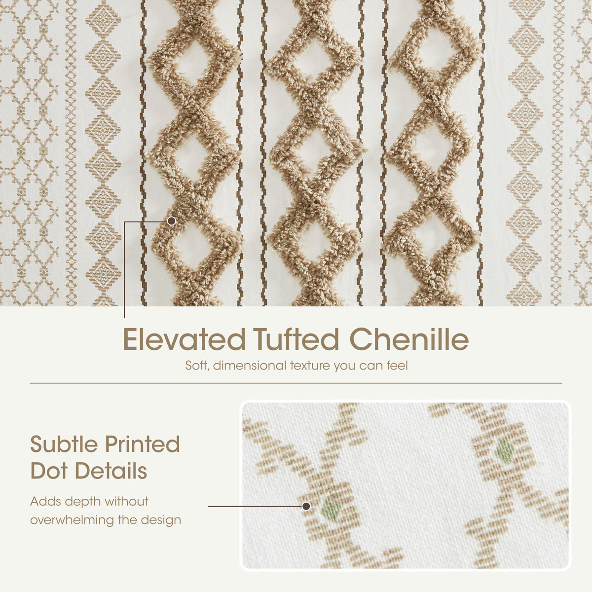 Imani Cotton Printed Shower Curtain with Chenille - Neutral