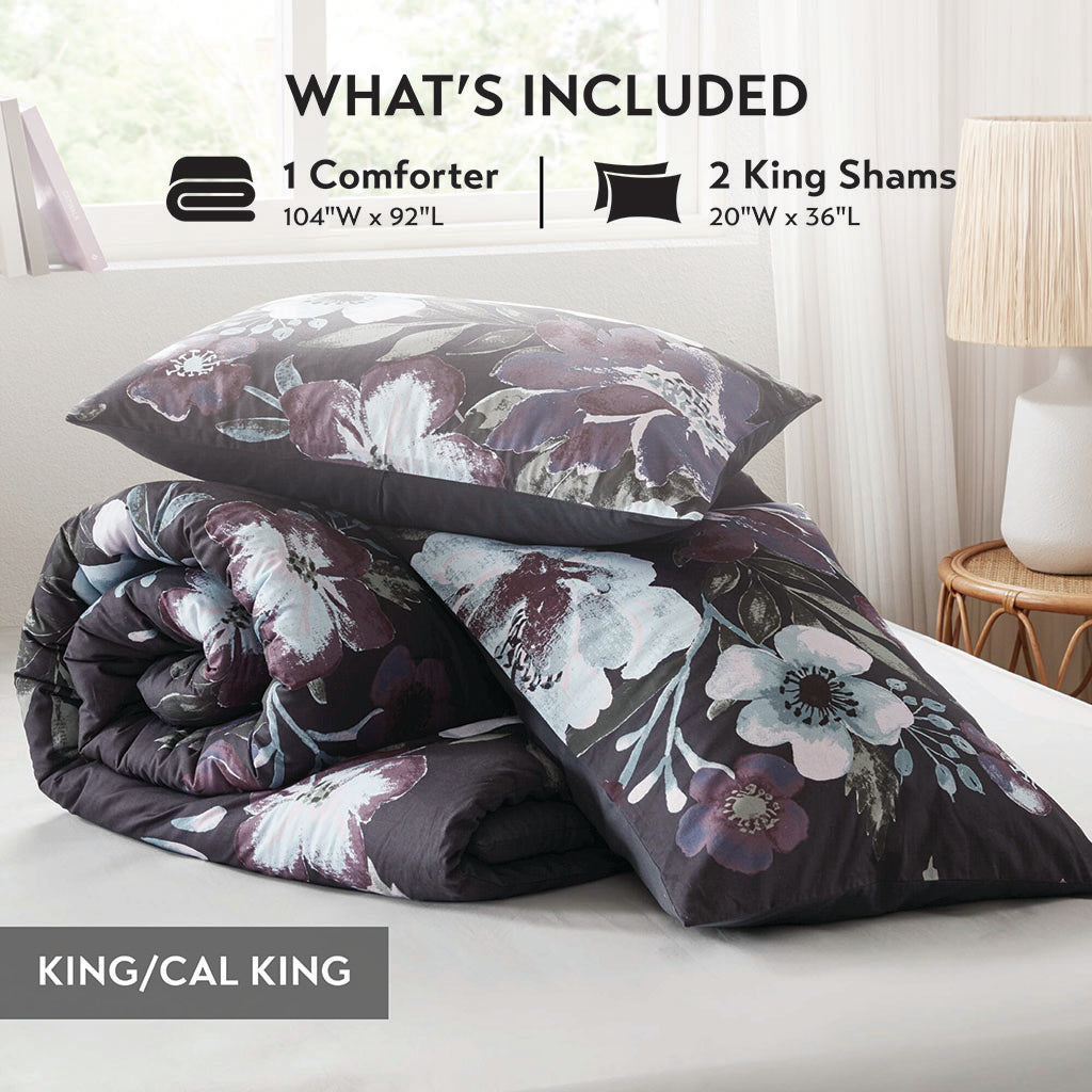 Jolene 3 Piece Cotton Printed Comforter Set - Dark Grey/Plum
