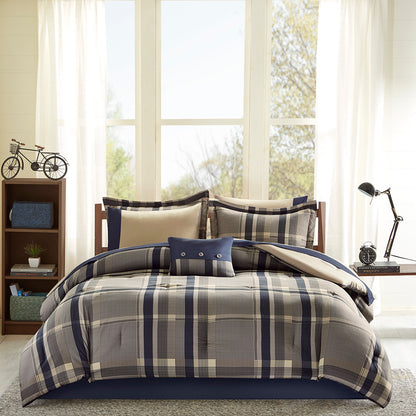 Robbie Plaid Comforter Set with Bed Sheets - Navy Multi