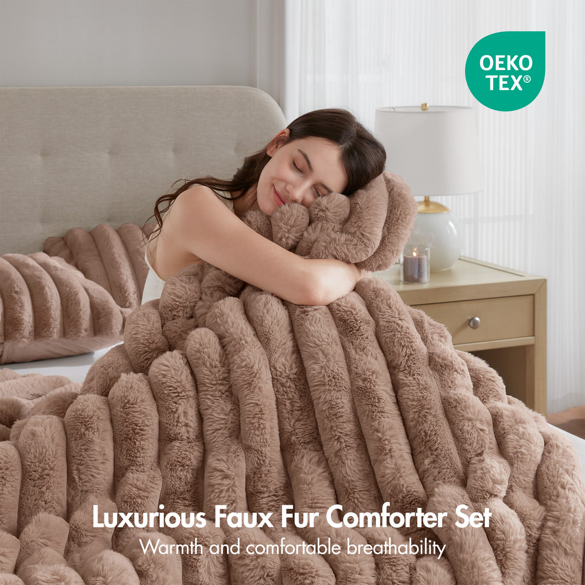 Jasmine 3 Piece Faux Fur Comforter Set - Mocha