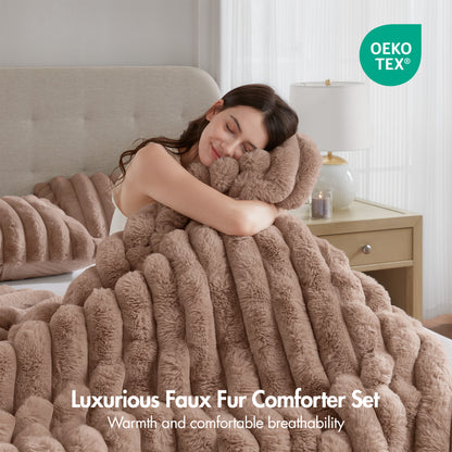 Jasmine 3 Piece Faux Fur Comforter Set - Mocha