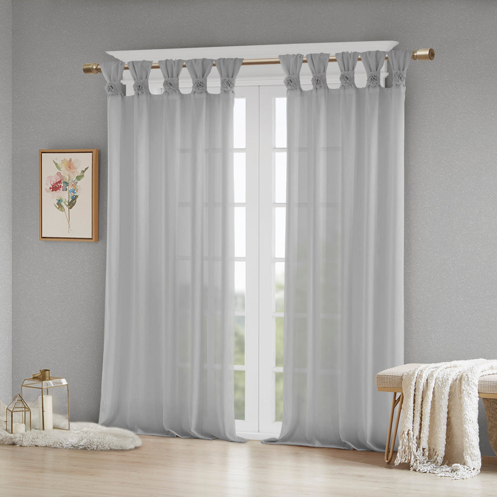 Rosette Floral Embellished Cuff Tab Top Solid Curtain Panel - Grey