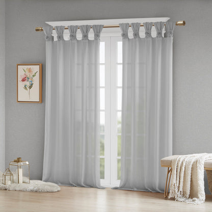 Rosette Floral Embellished Cuff Tab Top Solid Curtain Panel - Grey