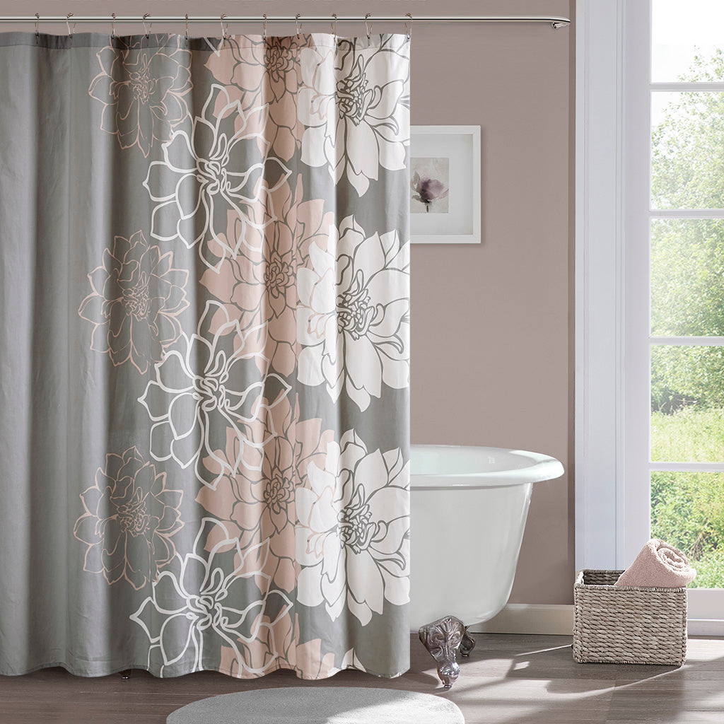 Lola 100% Cotton Floral Printed Shower Curtain - Grey/Peach