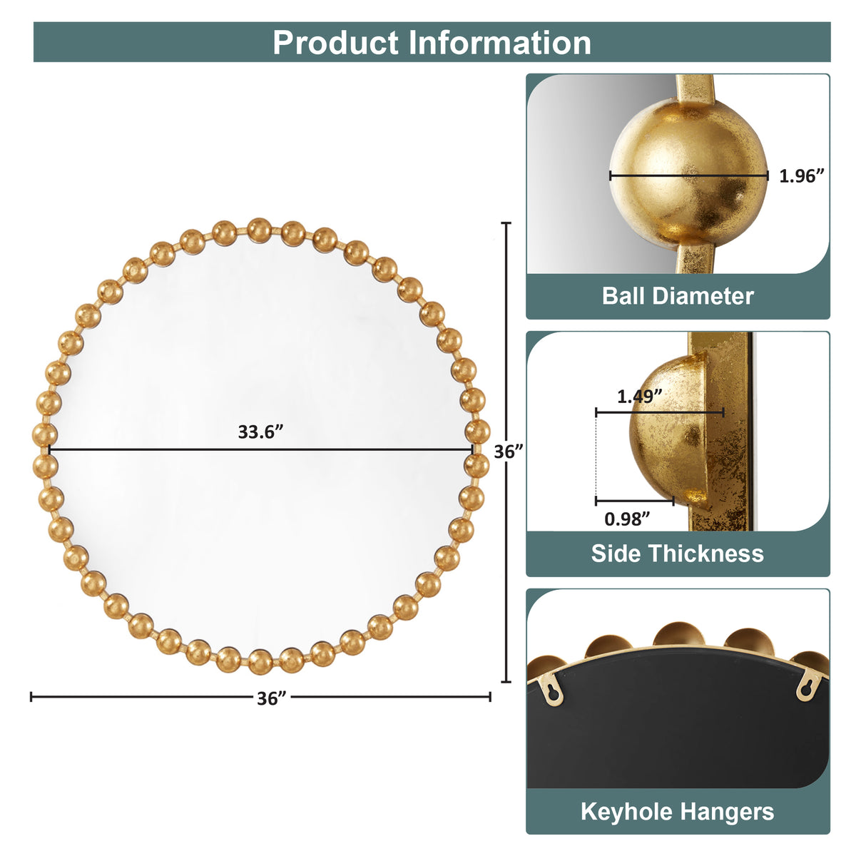 Marlowe Beaded Round Wall Mirror - Gold