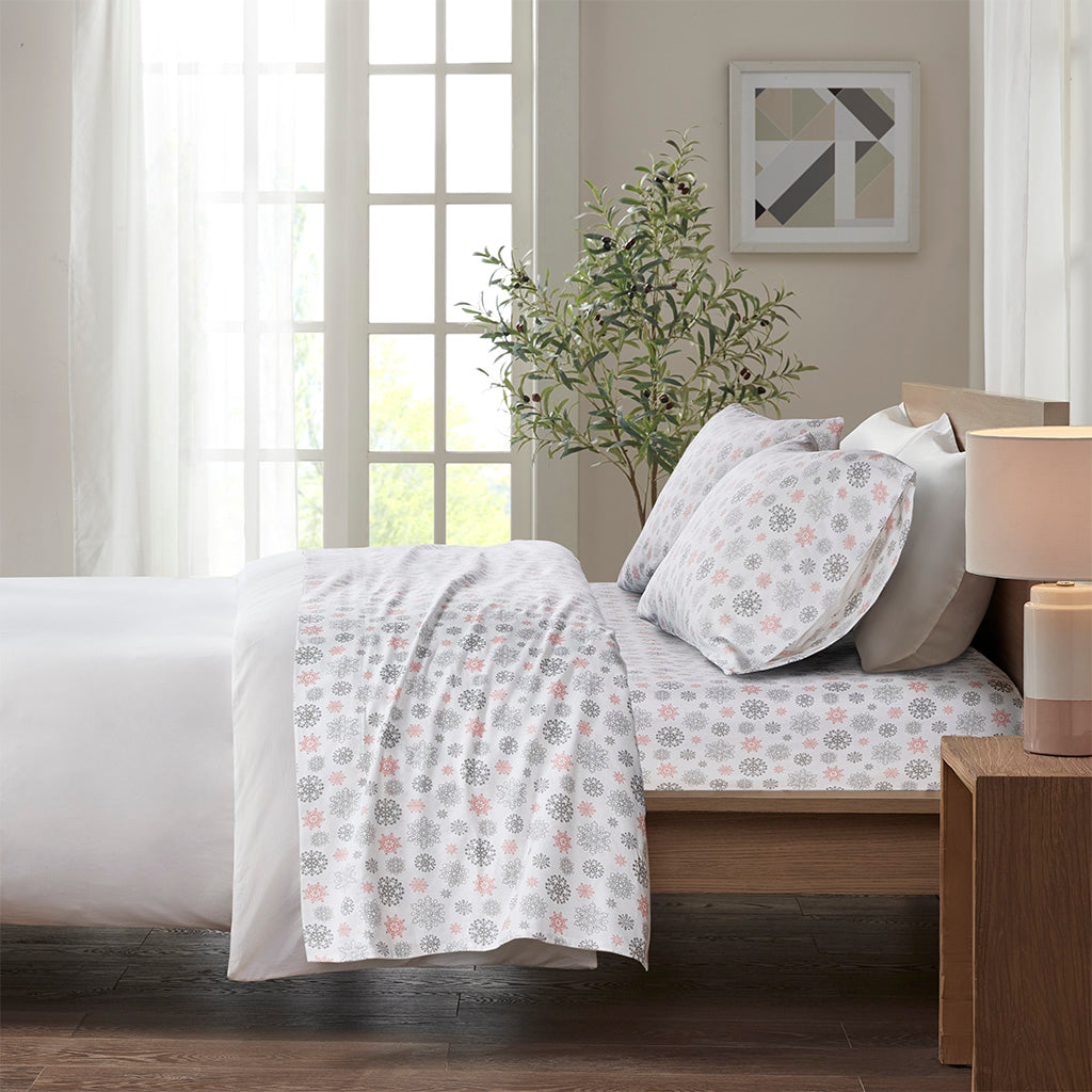 Cozy Cotton Flannel Printed Sheet Set - Pink/Grey Snowflakes
