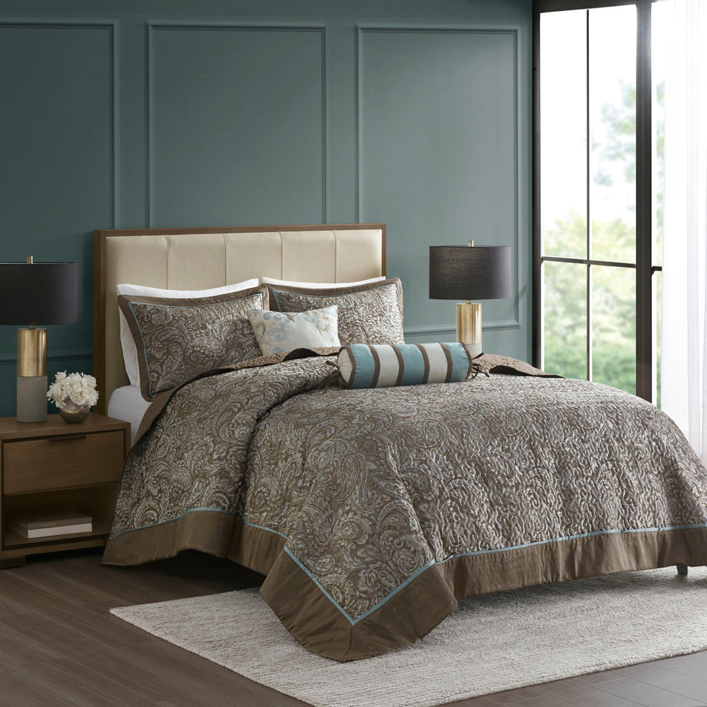 Aubrey 5 Piece Jacquard Bedspread Set with Throw Pillows - Blue/Brown
