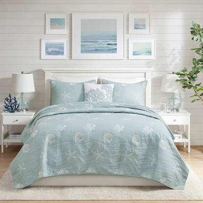 Seaside 4 Piece Cotton Reversible Embroidered Quilt Set with Throw Pillow - Aqua