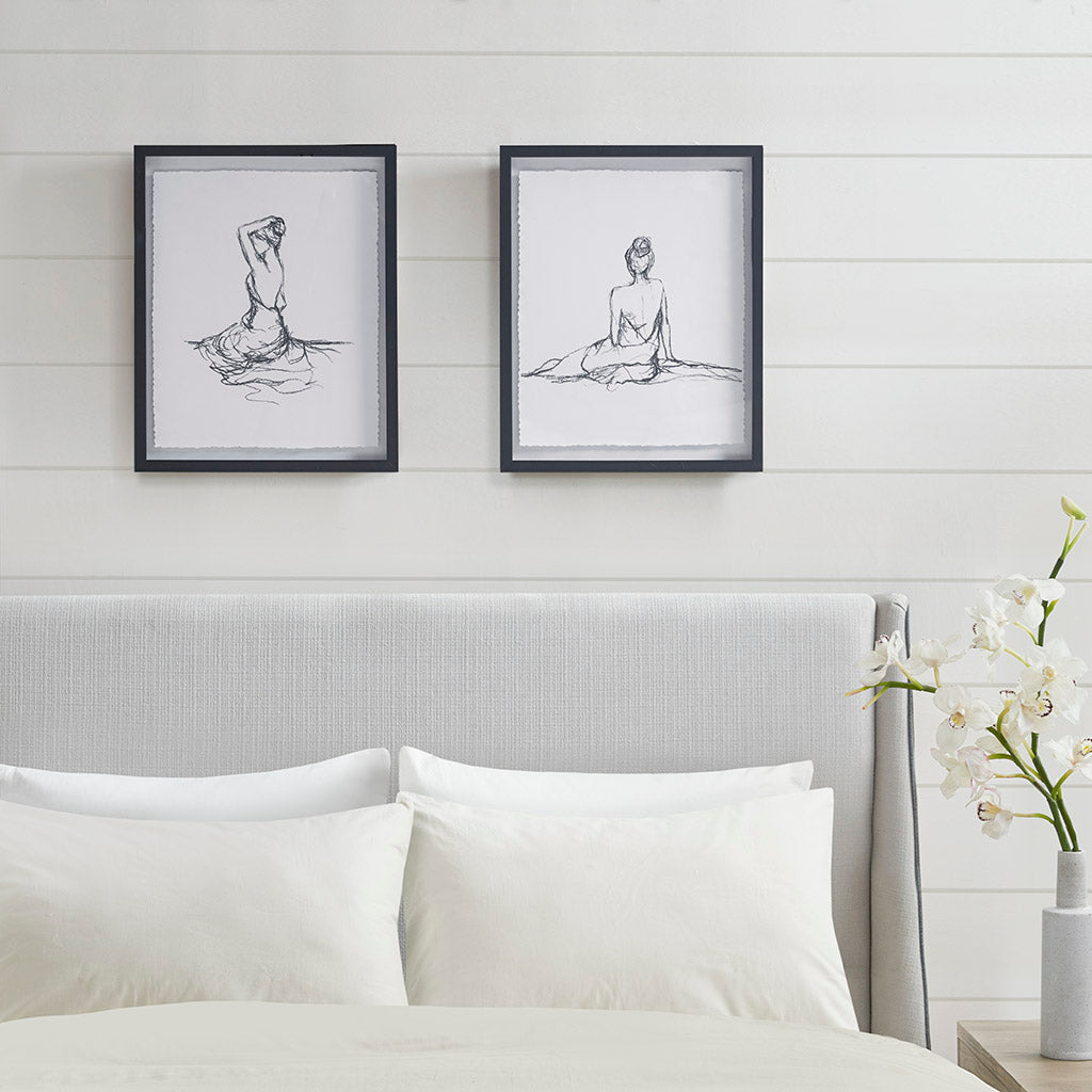 Feminine Figures Sketch 2-piece Framed Glass and Matted Wall Art Set - Black/White