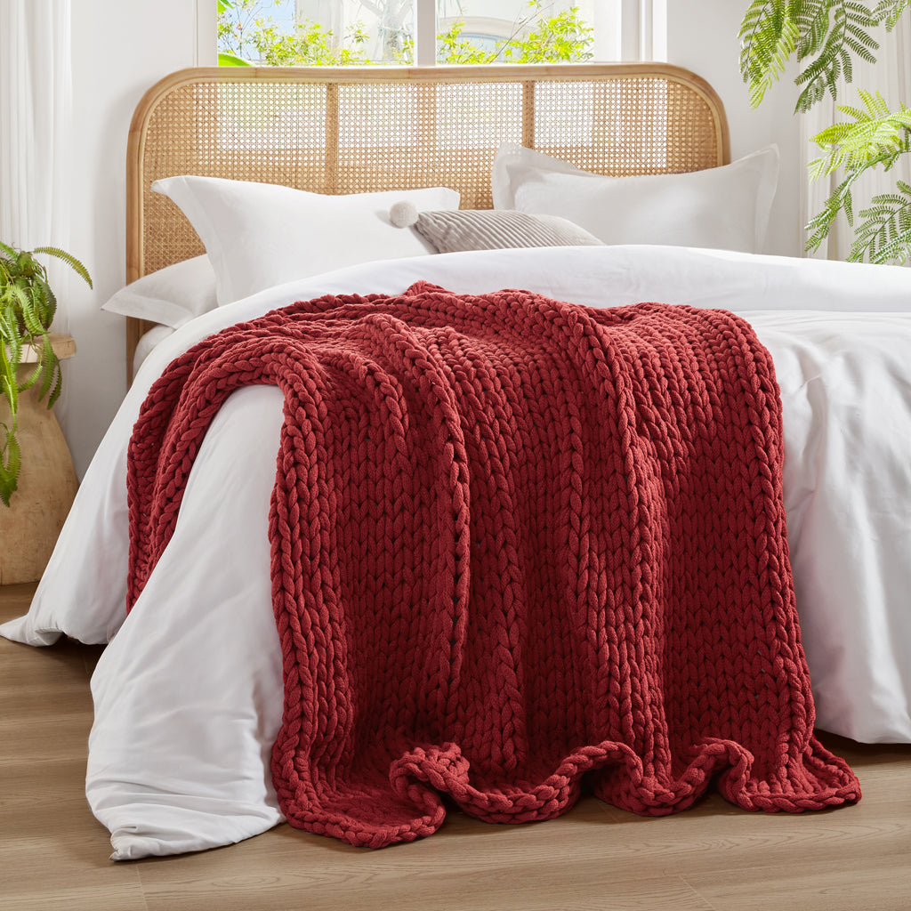 Chunky Double Knit Handmade Throw Blanket - Red