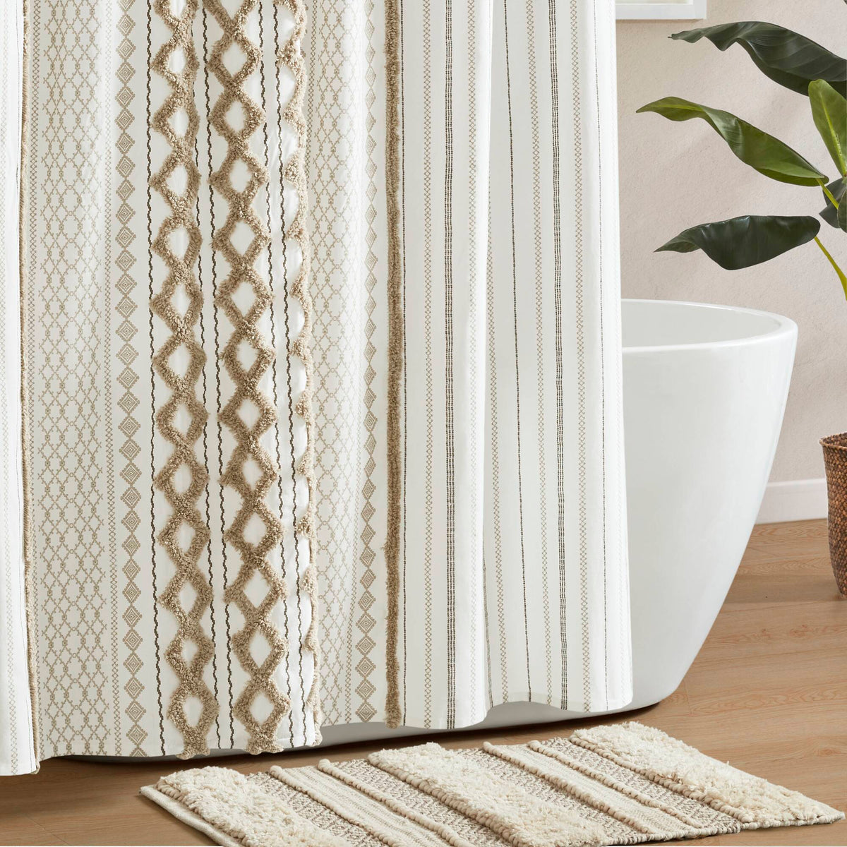 Imani Cotton Printed Shower Curtain with Chenille - Neutral