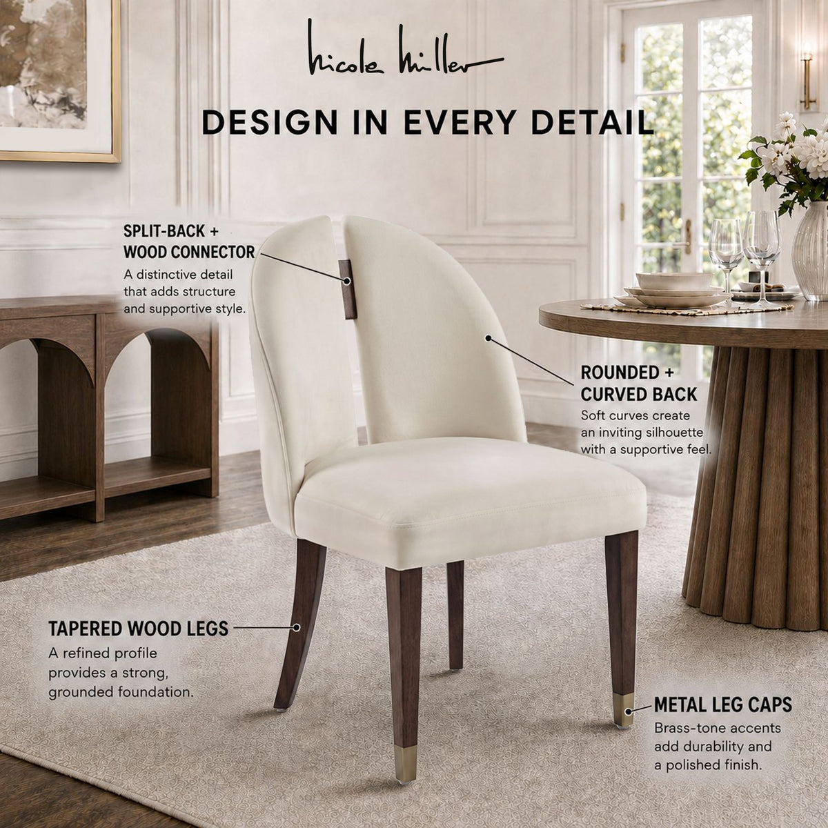 Sabine Split Back Dining Chair with Metal Leg Caps - Ivory