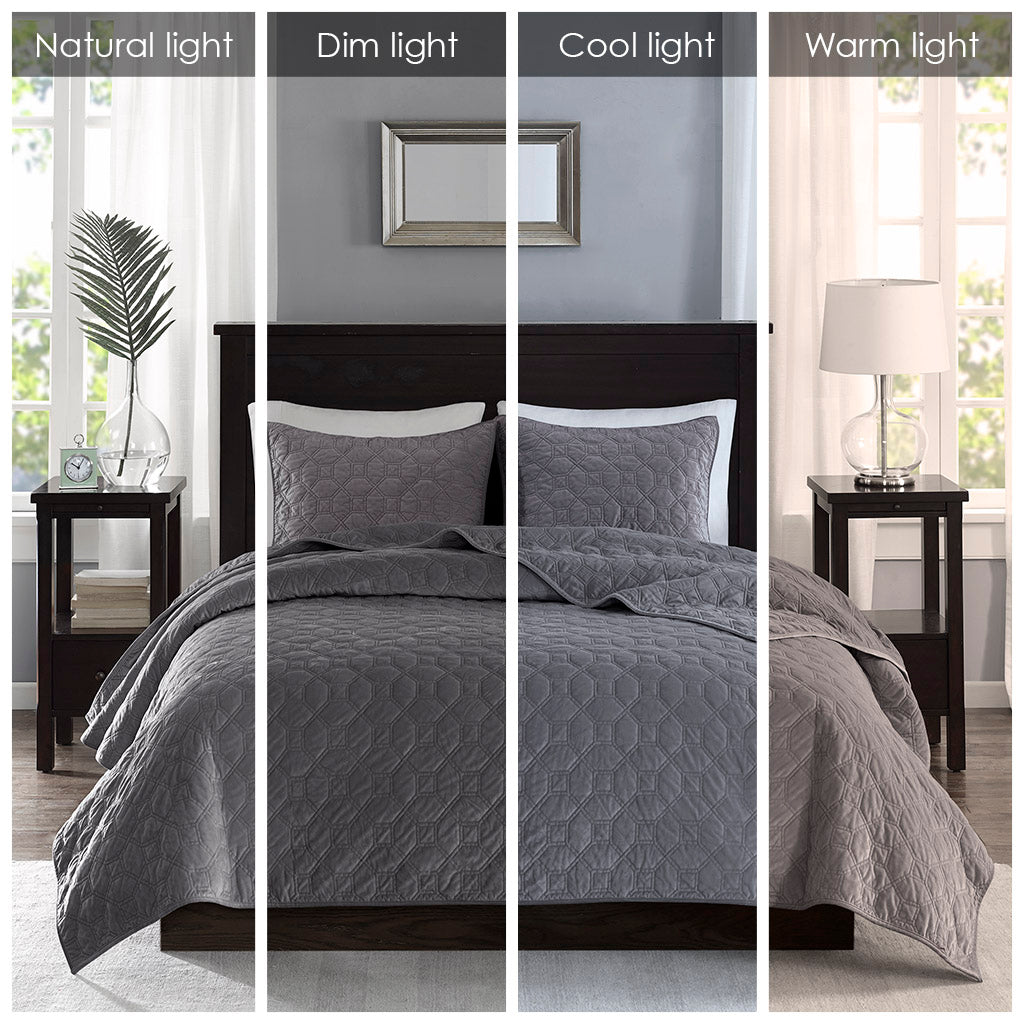 Harper 3 Piece Velvet Quilt Set - Grey