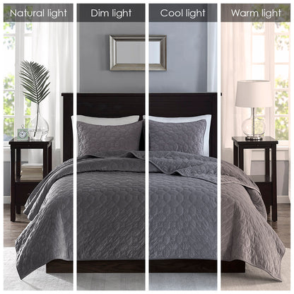 Harper 3 Piece Velvet Quilt Set - Grey