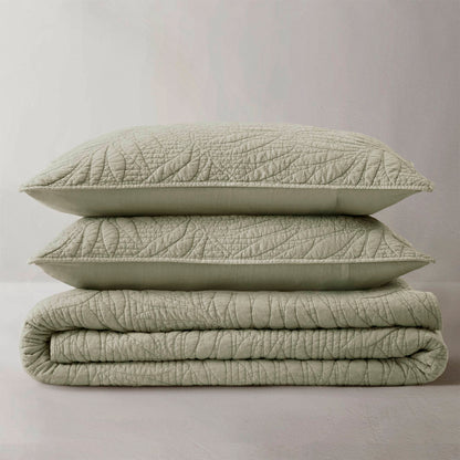 Botanical Leaves 3 Piece Cotton Quilt Set - Sage